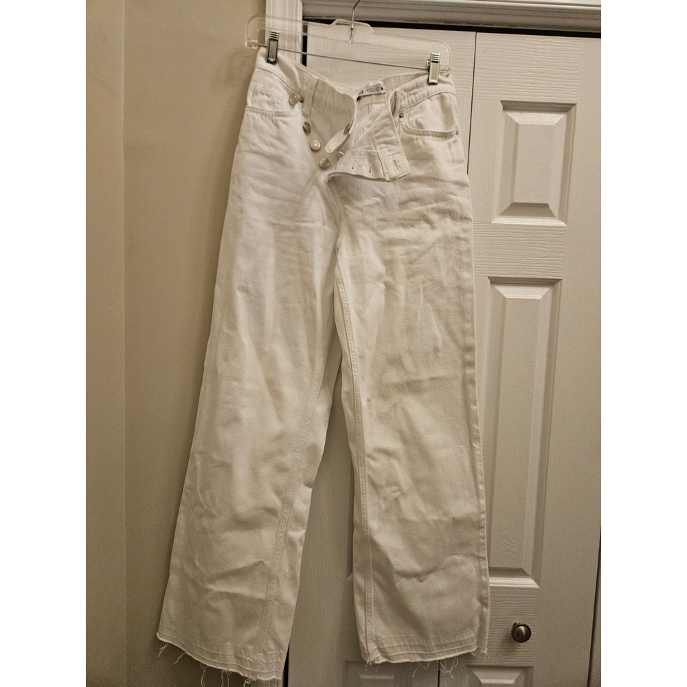 Zara White Wide Leg Jeans Crossover Asymmetric Button Fly Raw Hem Womens Size 2